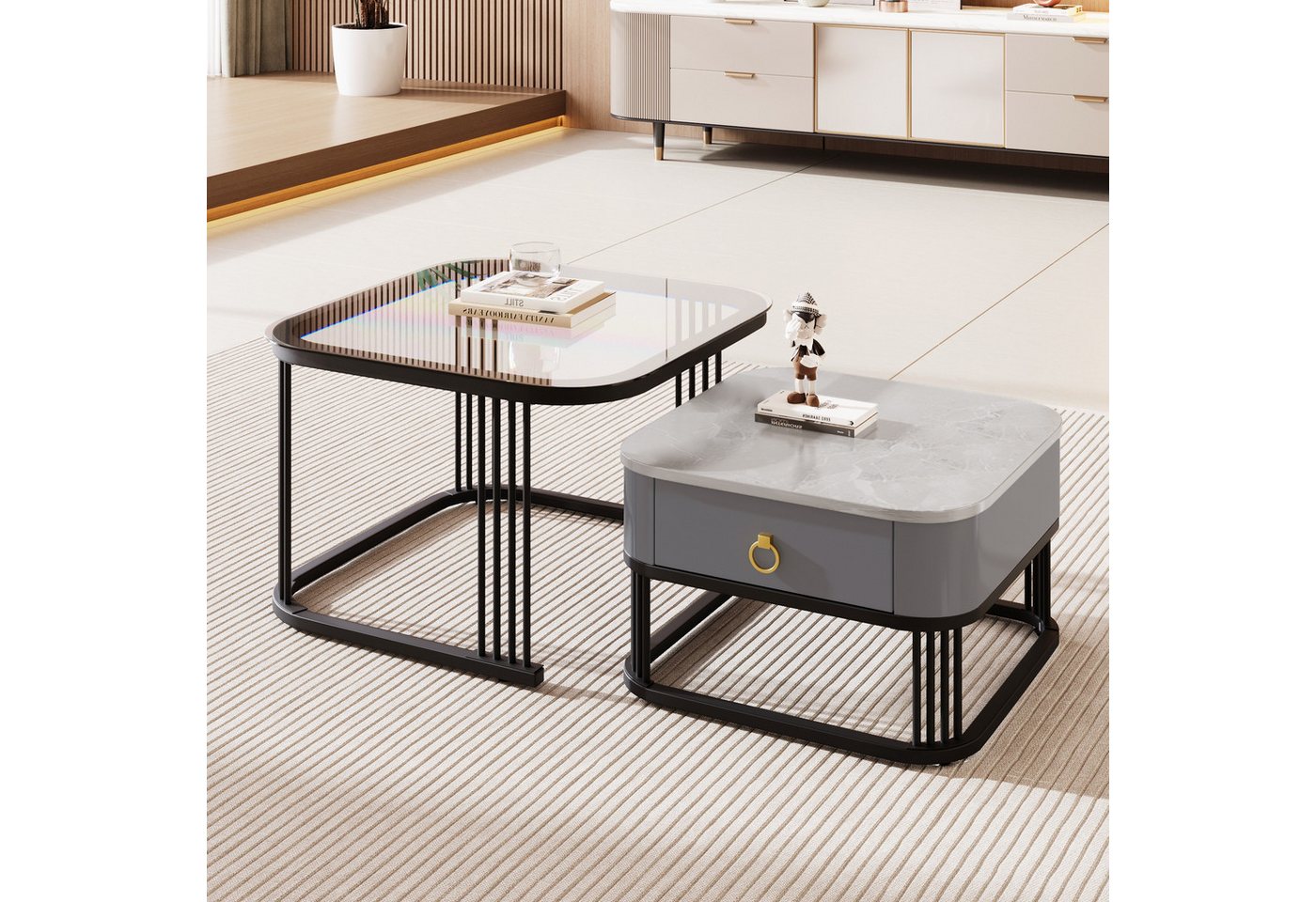 Furnishings Home Couchtisch Hochglänzende Marmoroptik und Glasplatte mit Schubladen im 2er-Set, Schwarzem Metallrahmen Tisches beträgt 60*60*42cm 50*50*34 cm von Furnishings Home