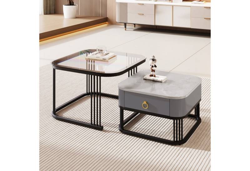 Furnishings Home Couchtisch Hochglänzende Marmoroptik und Glasplatte mit Schubladen im 2er-Set, Schwarzem Metallrahmen Tisches beträgt 60*60*42cm 50*50*34 cm von Furnishings Home
