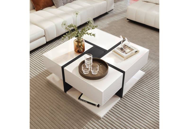 Furnishings Home Couchtisch Hochglanz 78x78x36 cm, 4 Schubladen, Stauraum (1-St), Einzigartige Farbabstimmung und Liniendesign Weiß und Schwarz von Furnishings Home