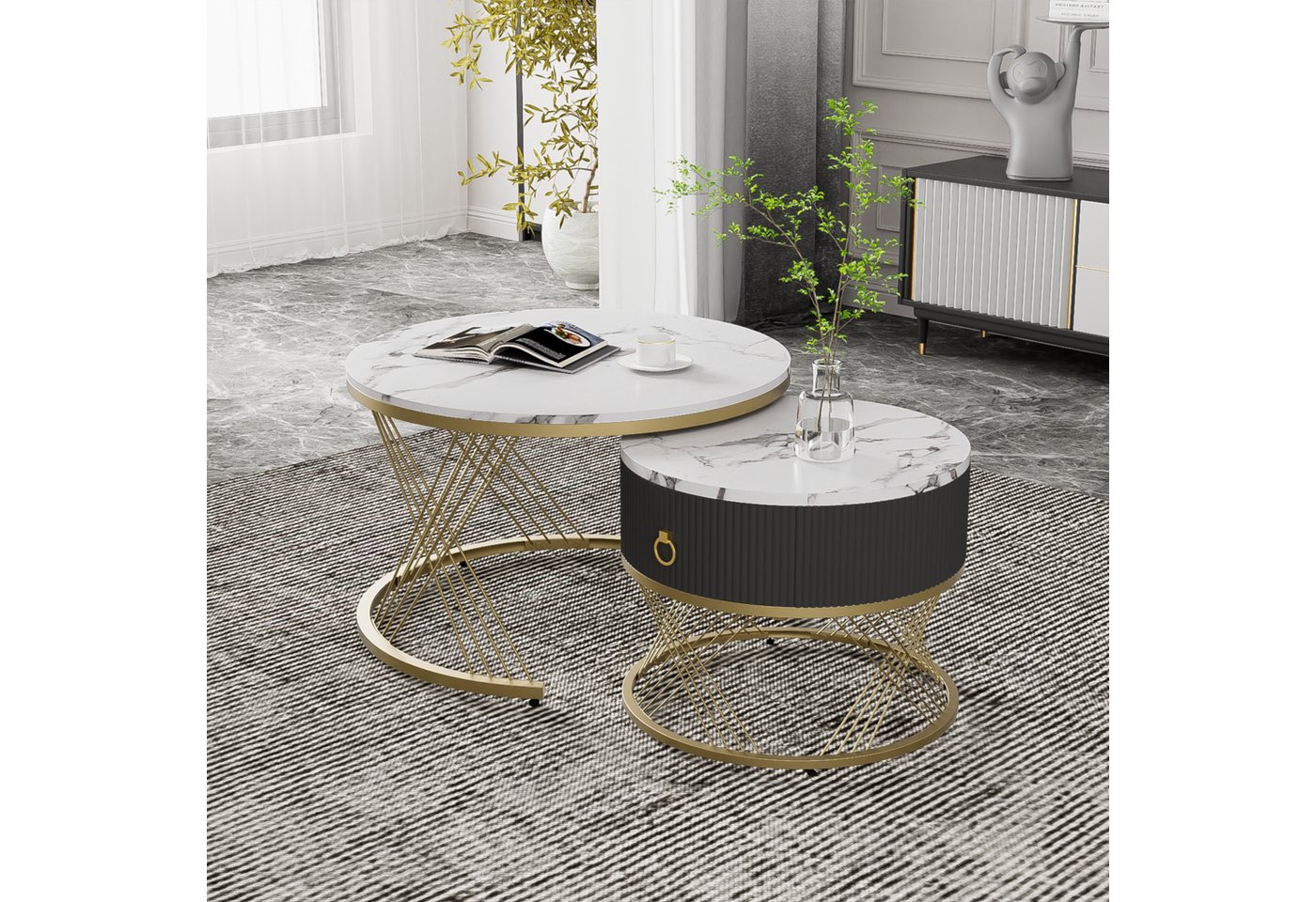 Furnishings Home Couchtisch Marmoroptik Beistelltisch mit Schubladen – 2er-Set (2-St), Goldmetallischen 70*70*45 cm 50*50*40 cm von Furnishings Home