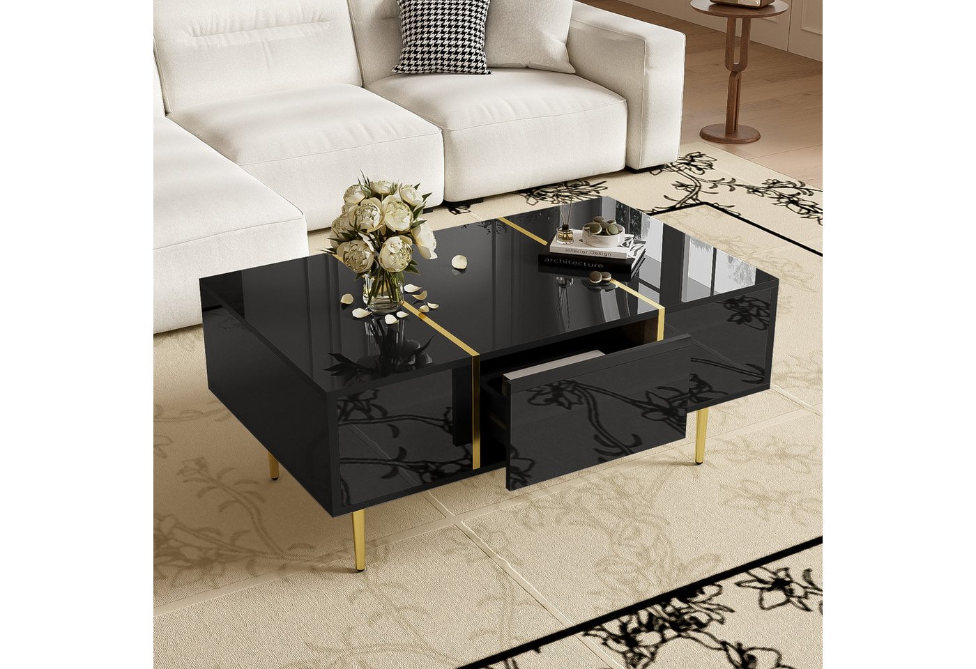Furnishings Home Couchtisch Moderner Couchtisch Hochglanz und 2 Schubladen Metall streifen (1-St), Stauraum für die geordnete Aufbewahrung von Fernbedienungen von Furnishings Home