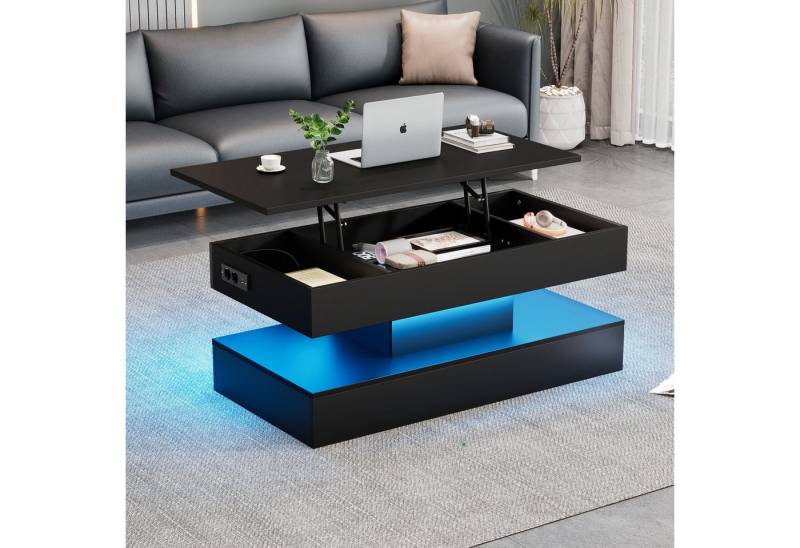 Furnishings Home Couchtisch Moderner weißer schwarzer Hochglanz hydraulischem Hub (1-St), mit LED-Beleuchtung und verstecktem100*50*35 cm, 40 kg belastbar von Furnishings Home