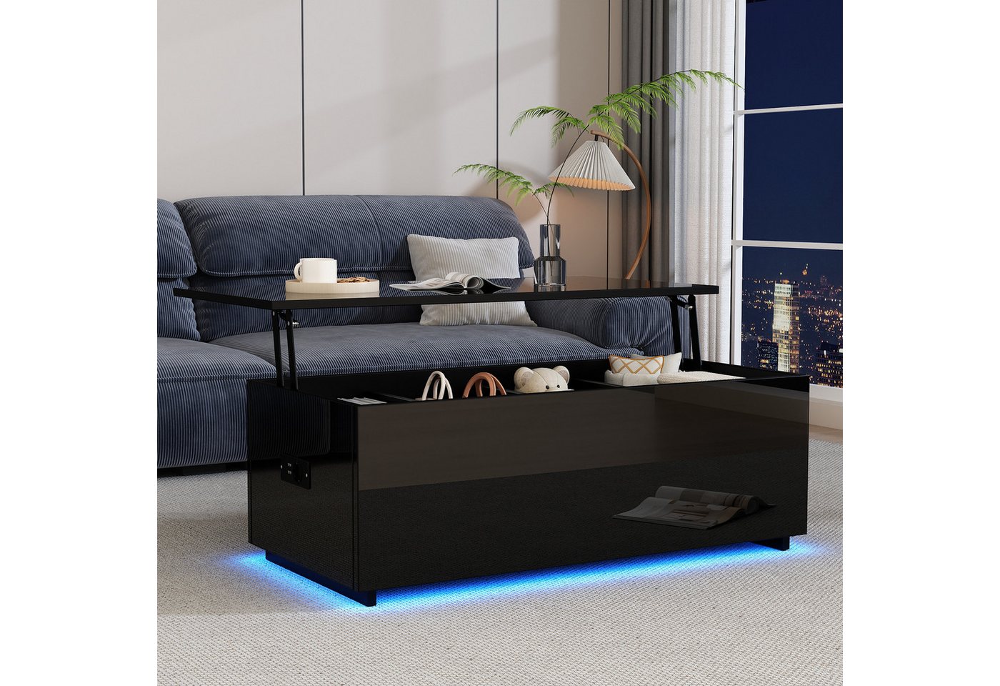 Furnishings Home Couchtisch Moderner weißer schwarzer Hochglanz hydraulischem Hub (1-St), mit LED-Beleuchtung und verstecktem100*50*35 cm, 40 kg belastbar von Furnishings Home