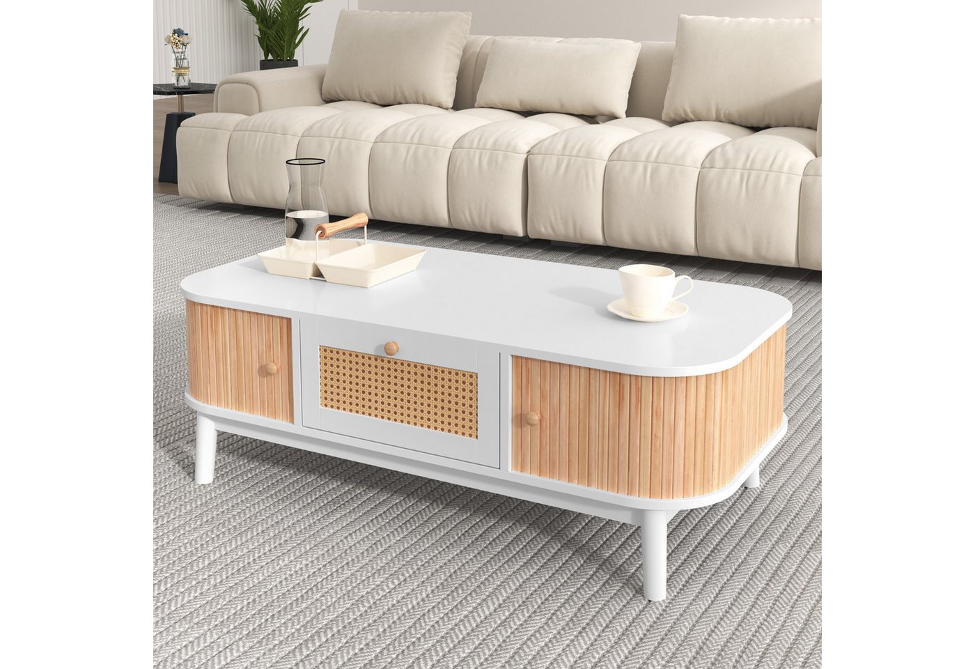 Furnishings Home Couchtisch Rattan-Kaffeetisch mit 1 Schubalde und 2 Bogenschiebetüren (1-St), Beistelltisch mit Rattan-Geflecht, 110 cm, für Wohnzimmer von Furnishings Home
