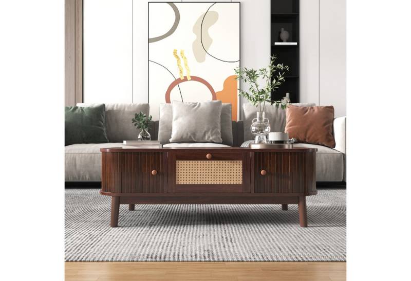 Furnishings Home Couchtisch Rattan-Kaffeetisch mit 1 Schubalde und 2 Bogenschiebetüren (1-St), Beistelltisch mit Rattan-Geflecht, 110 cm, für Wohnzimmer von Furnishings Home