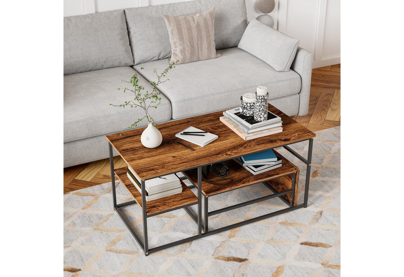 Furnishings Home Couchtisch Rechteck Satztisch Beistelltisch stapelbarer Sofatisch (2-St., Ideal für Wohnzimmer & Büro, Platzsparendes stapelbares Design), Mit Marmormuster Tischplatte, 105 x 52 x 48.5 cm + 60 x 45 x 28 cm von Furnishings Home