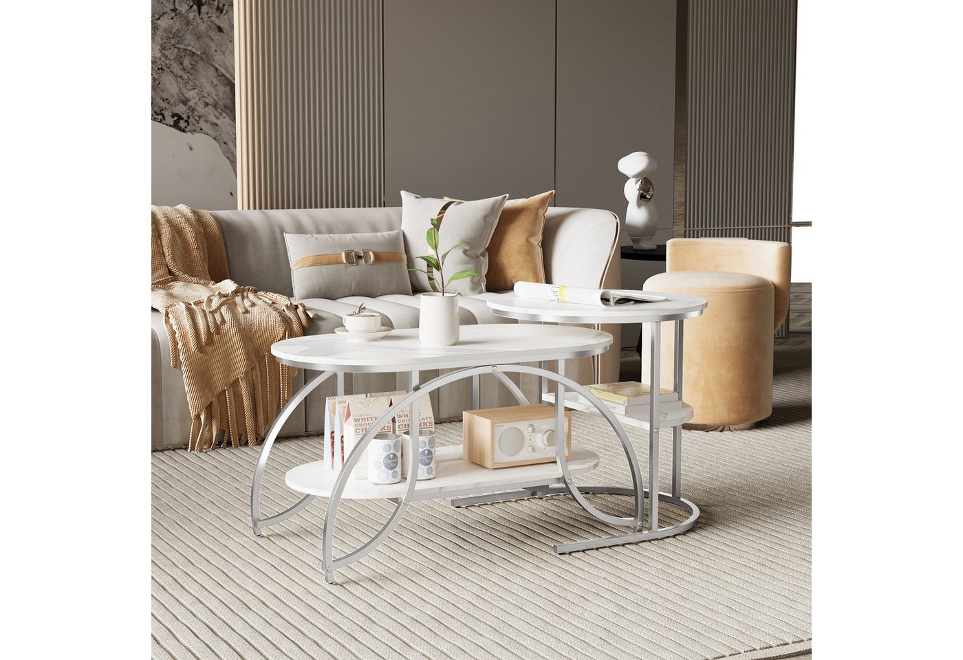 Furnishings Home Couchtisch Rund Kaffeetisch Beistelltisch Satztische 2er Set (2-St., Ideal für Wohnzimmer & Büro, Platzsparendes stapelbares Design), Mit Marmormuster Tischplatte, 80 x 46 x 45 cm + 52 x 51 cm von Furnishings Home