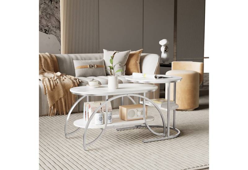 Furnishings Home Couchtisch Rund Kaffeetisch Beistelltisch Satztische 2er Set (2-St., Ideal für Wohnzimmer & Büro, Platzsparendes stapelbares Design), Mit Marmormuster Tischplatte, 80 x 46 x 45 cm + 52 x 51 cm von Furnishings Home