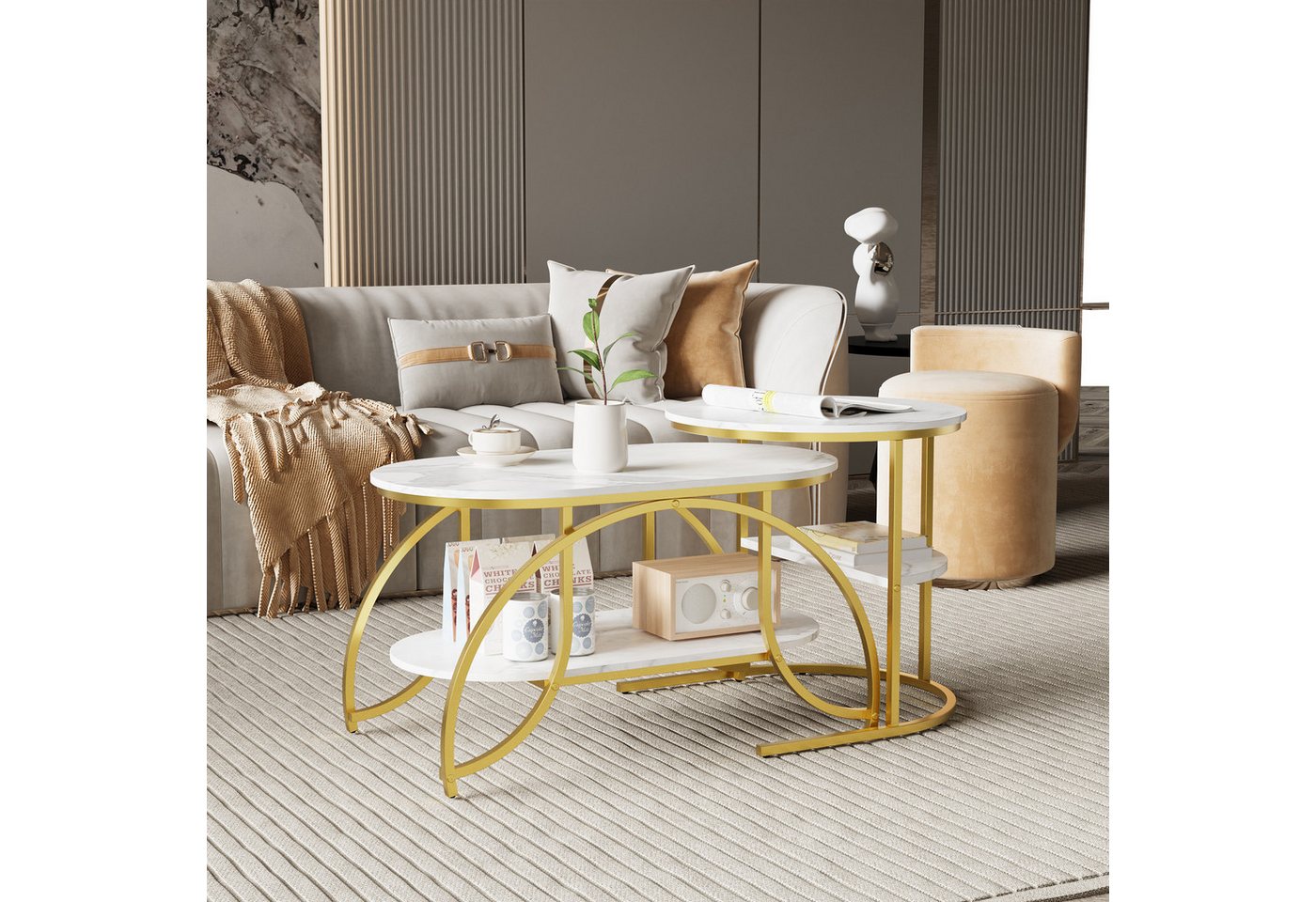 Furnishings Home Couchtisch Rund Kaffeetisch Beistelltisch Satztische 2er Set (2-St., Ideal für Wohnzimmer & Büro, Platzsparendes stapelbares Design), Mit Marmormuster Tischplatte, 80 x 46 x 45 cm + 52 x 51 cm von Furnishings Home
