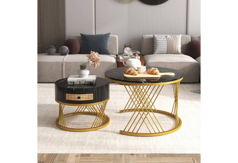 Furnishings Home Couchtisch Runder Kaffeetisch 2 in 1 Beistelltisch Satztische 2er Set (2tlg), Mit Schublade, Marmormuster, 70x70x45,5 + 50x50x38,5 cm von Furnishings Home