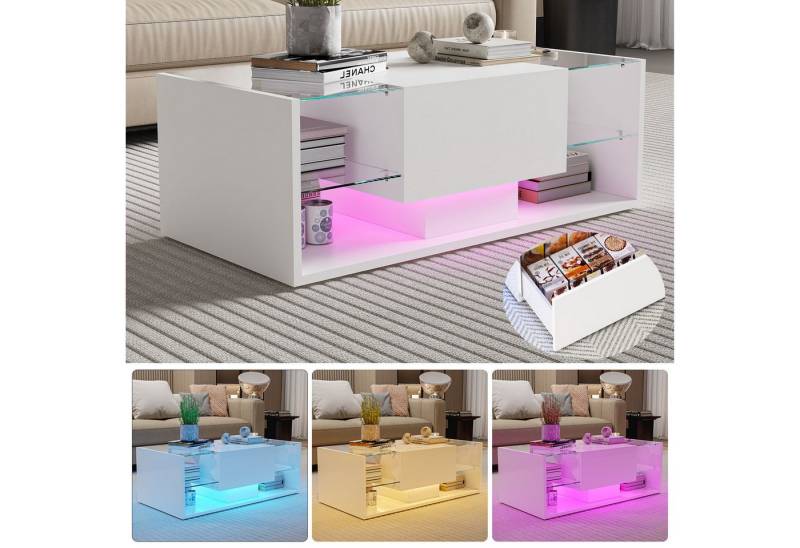 Furnishings Home Couchtisch Schreibtisch Beistelltisch LED Breite 104 cm (Hochglänzender quadratischer, 100 x 50 x 35 cm), Mit Vier Fächer und 16-farbigen variablen LED-Beleuchtung von Furnishings Home