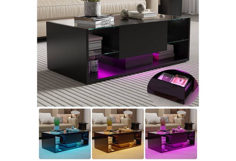 Furnishings Home Couchtisch Schreibtisch Beistelltisch LED Breite 104 cm (Hochglänzender quadratischer, 100 x 50 x 35 cm), Mit Vier Fächer und 16-farbigen variablen LED-Beleuchtung von Furnishings Home