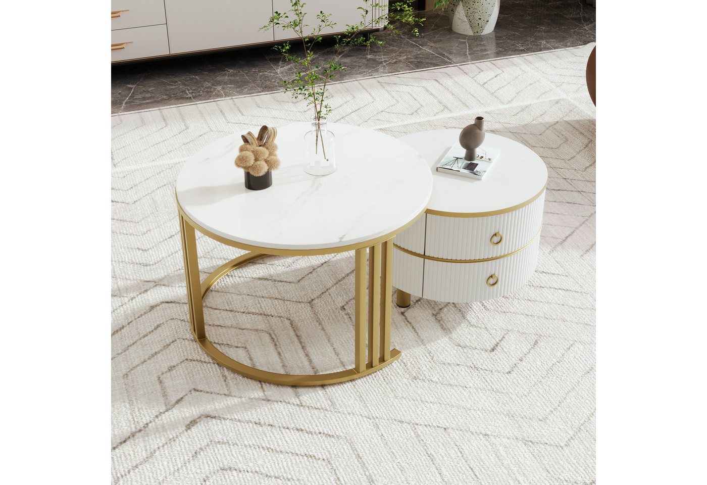 Furnishings Home Couchtisch rund Kaffeetisch Beistelltisch Satztische 2er Set, Große Werbung (2-St., Zweiteiliges Set), 2tlg. mit Stauraum, Marmormuster, 70 x 46cm + 50 x 40cm von Furnishings Home