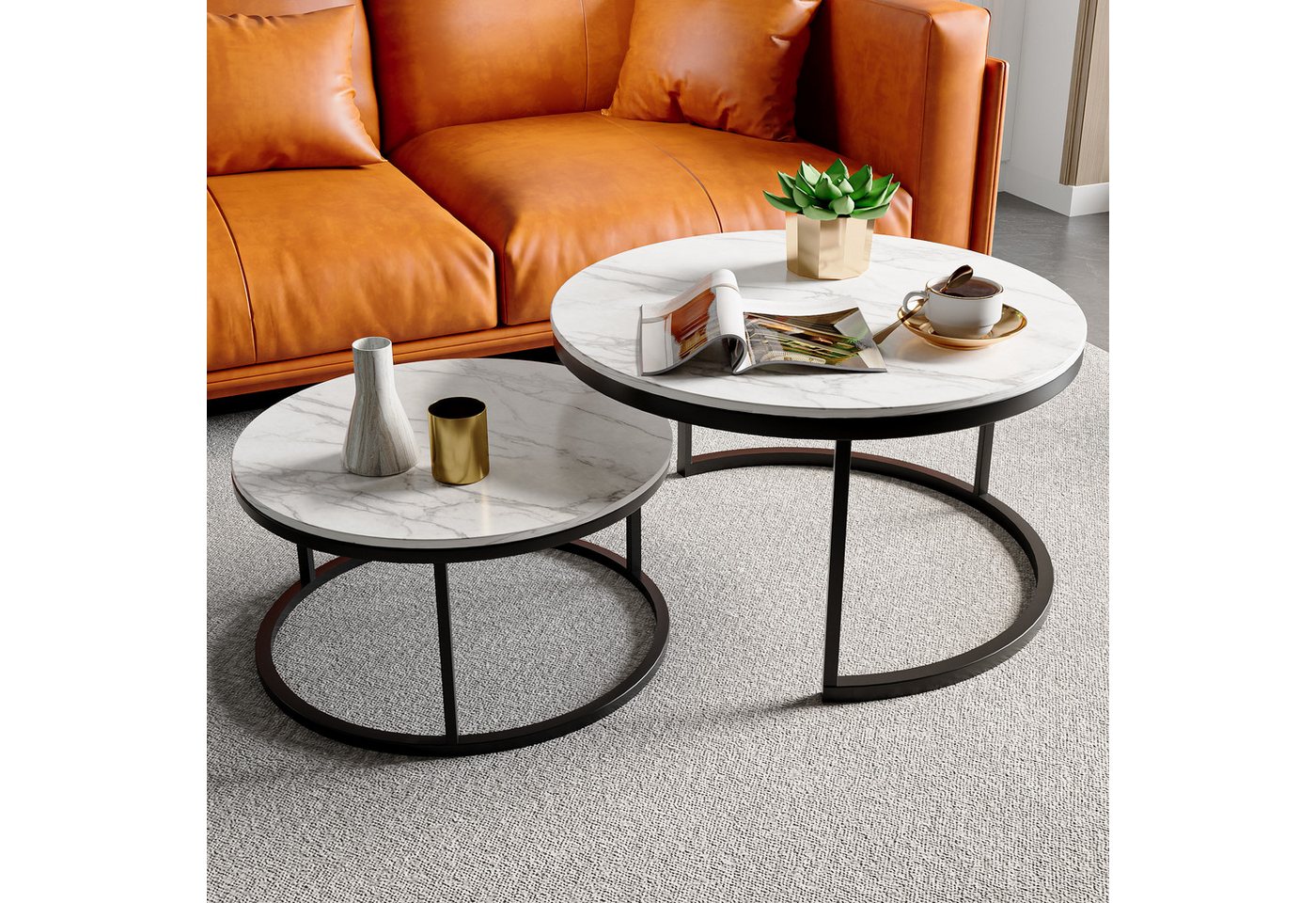 Furnishings Home Couchtisch rund Kaffeetisch Beistelltisch Satztische 2er Set, Große Werbung (2-St., Zweiteiliges Set), 2tlg. mit Marmormuster 80x45cm+60x33cm von Furnishings Home