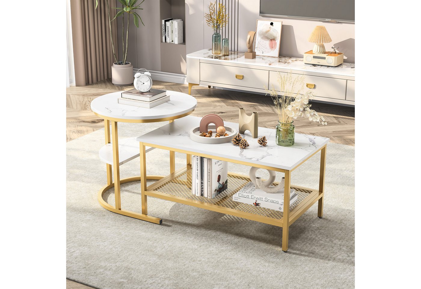 Furnishings Home Couchtisch rund Kaffeetisch Beistelltisch Satztische 2er Set, Große Werbung (2-St., Zweiteiliges Set), 2tlg. mit Marmormuster 80x46cm+52x51cm von Furnishings Home