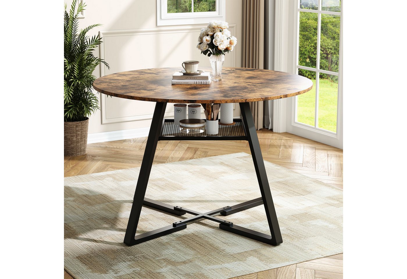 Furnishings Home Esstisch runder Küchentisch Wohnzimmertisch 120cm Breite (1-St., 120 x 120 x 75 vm), Holztischplatte im Vintage-Look, Metallbeine von Furnishings Home