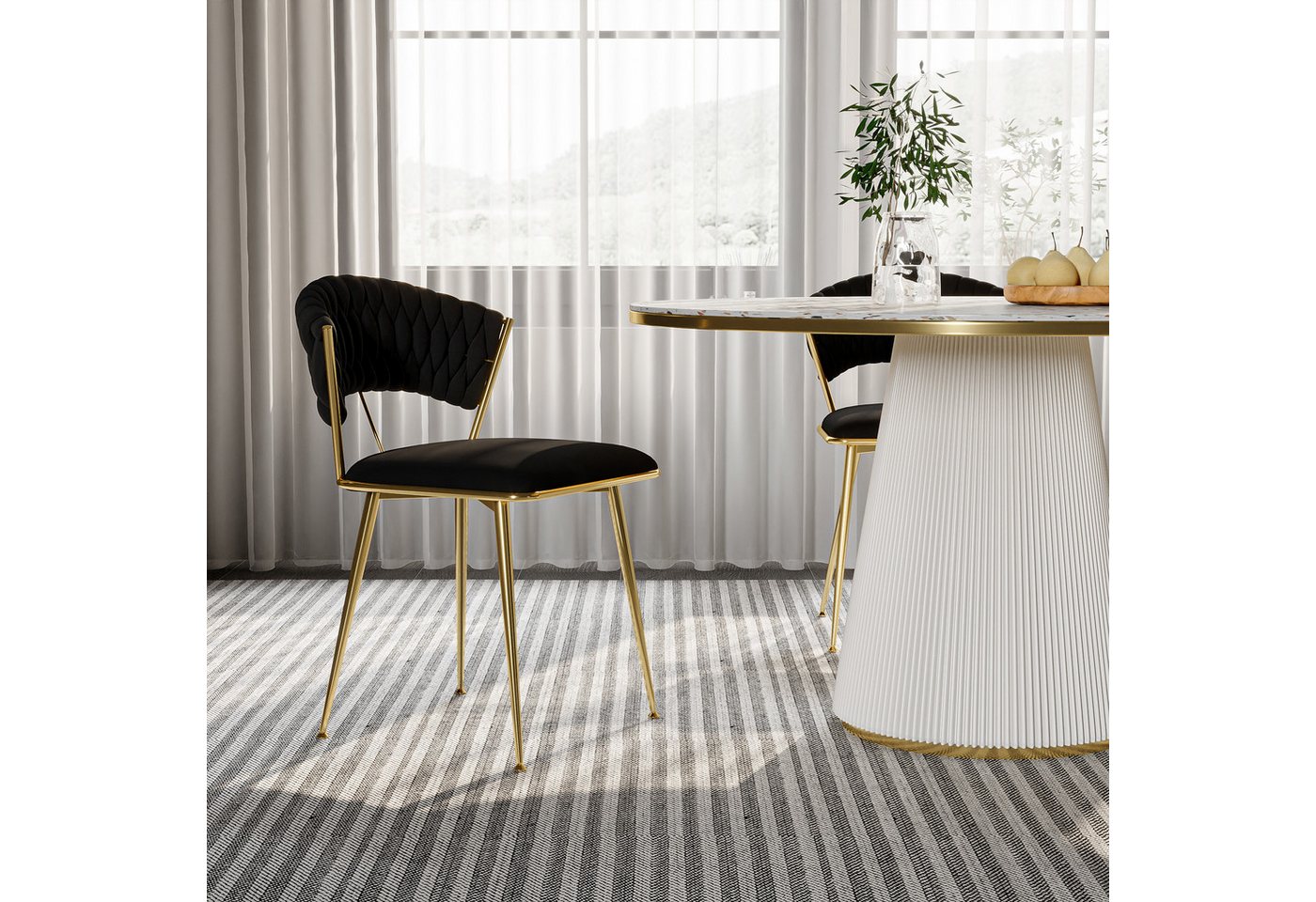 Furnishings Home Esszimmerstuhl Stilvolles Komfort Design Geflochtener Stil Goldene Stuhlbeine &Rahmen (2 St), 2-tei Setmit Rückenlehne Metallbeine Esszimmerstuhl von Furnishings Home