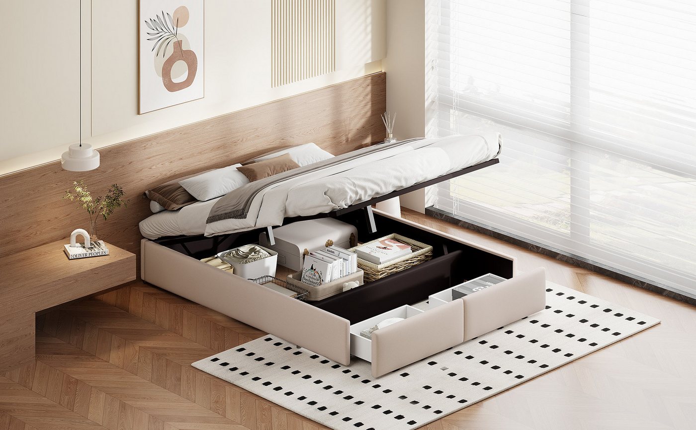 Furnishings Home Futonbett Polsterbett Stauraumbett Doppelbett (Hydraulisch anhebbarer Bettstauraum), Mit 2 Schubladen, Bettkasten, Lattenrost, Leinen, 160x200 cm von Furnishings Home