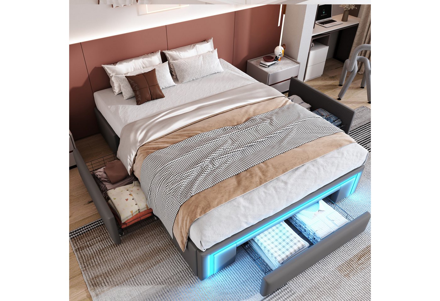 Furnishings Home Futonbett Polsterbett Stauraumbett Doppelbett (Mit Drei extra große Schubladen), Multifunktionsbett, Mit LED-Beleuchtung, Lattenrost, PU, 140x200 cm von Furnishings Home