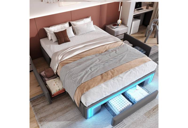 Furnishings Home Futonbett Polsterbett Stauraumbett Doppelbett (Mit Drei extra große Schubladen), Multifunktionsbett, Mit LED-Beleuchtung, Lattenrost, PU, 140x200 cm von Furnishings Home