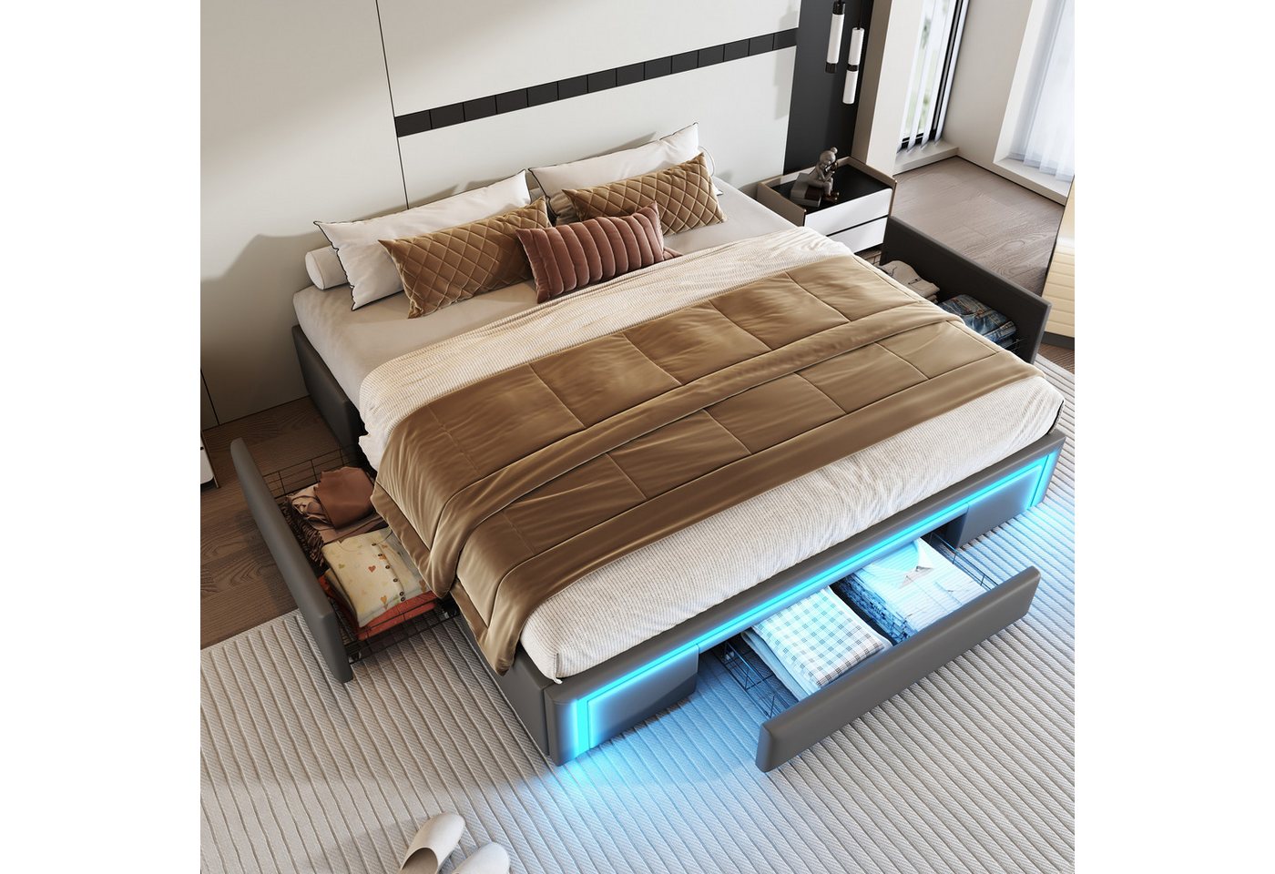 Furnishings Home Futonbett Polsterbett Stauraumbett Doppelbett (Mit Drei extra große Schubladen), Multifunktionsbett, Mit LED-Beleuchtung, Lattenrost, PU, 180x200 cm von Furnishings Home