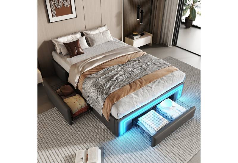 Furnishings Home Futonbett Polsterbett Stauraumbett Doppelbett (Mit zwei extra große Schubladen), Multifunktionsbett, Mit LED-Beleuchtung, Lattenrost, PU, 90x200 cm von Furnishings Home