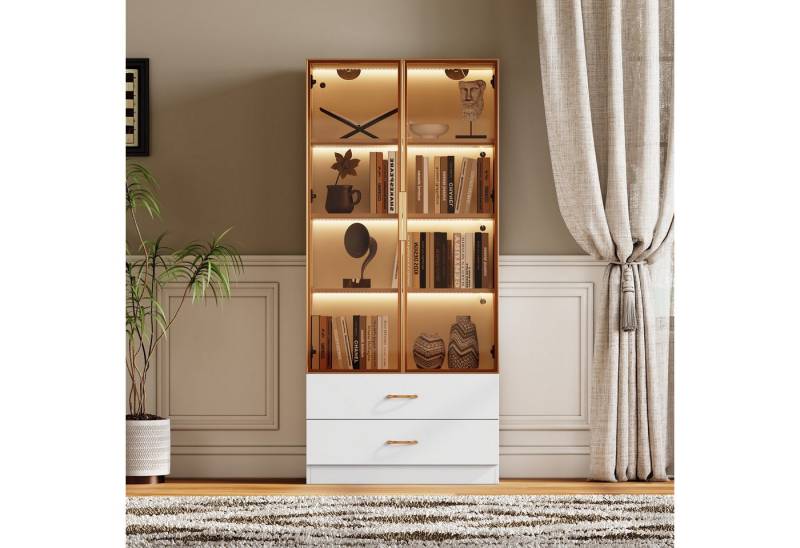 Furnishings Home Glasvitrine Stauraumvitrine Badezimmerschrank Buffet LED Hoch 170 cm (Mit Glastür, 75 x 34.5 x 170 cm) Mit Schubladen und 16-farbigen variablen LED-Leuchten von Furnishings Home
