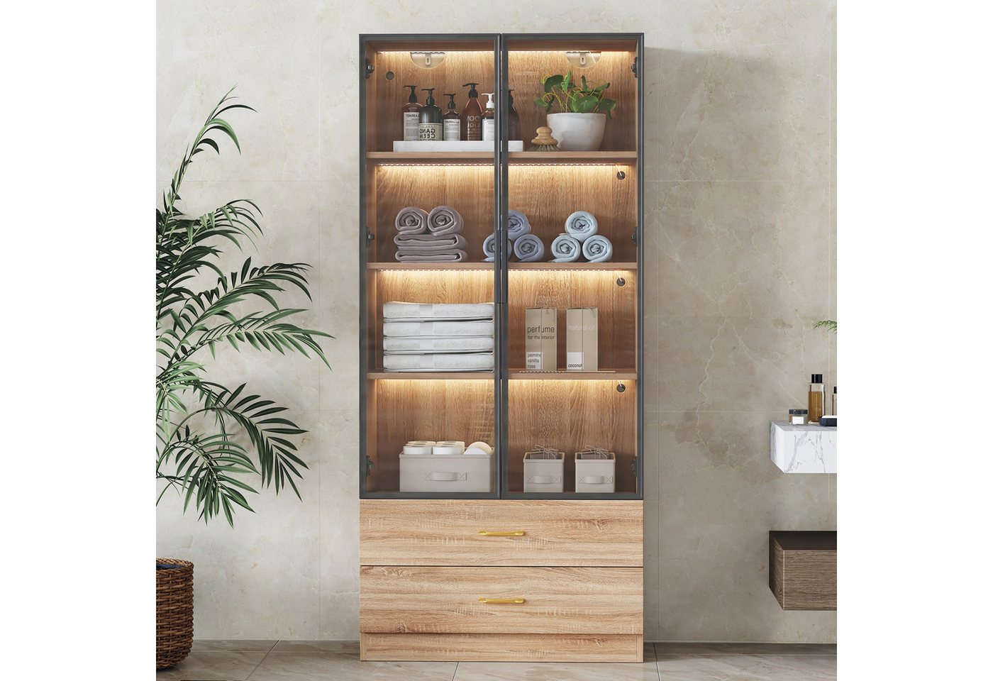 Furnishings Home Glasvitrine Stauraumvitrine Badezimmerschrank Buffet LED Hoch 170 cm (Mit Glastür, 75 x 34.5 x 170 cm) Mit Schubladen und 16-farbigen variablen LED-Leuchten von Furnishings Home
