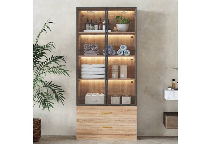 Furnishings Home Glasvitrine Stauraumvitrine Badezimmerschrank Buffet LED Hoch 170 cm (Mit Glastür, 75 x 34.5 x 170 cm) Mit Schubladen und 16-farbigen variablen LED-Leuchten von Furnishings Home