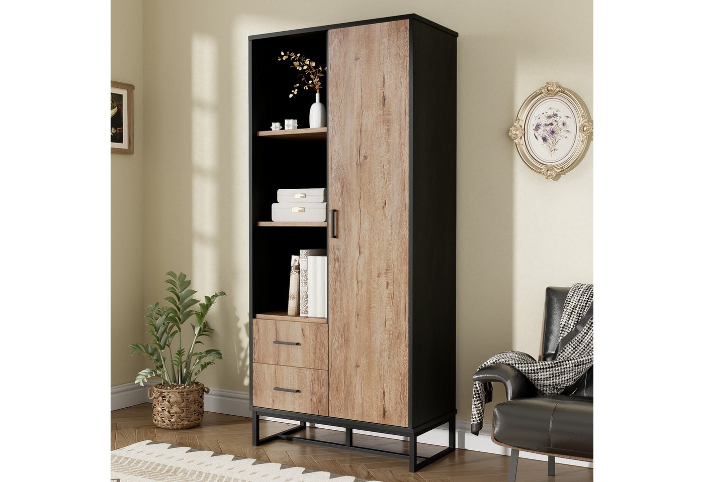 Furnishings Home Highboard Schrank 80x40x180 cm Holzoptik mit schwarzem Rahmen, 2 Schubladen (1 St), Vielseitiger Stauraum für Wohnzimmer, Büro & Flur von Furnishings Home