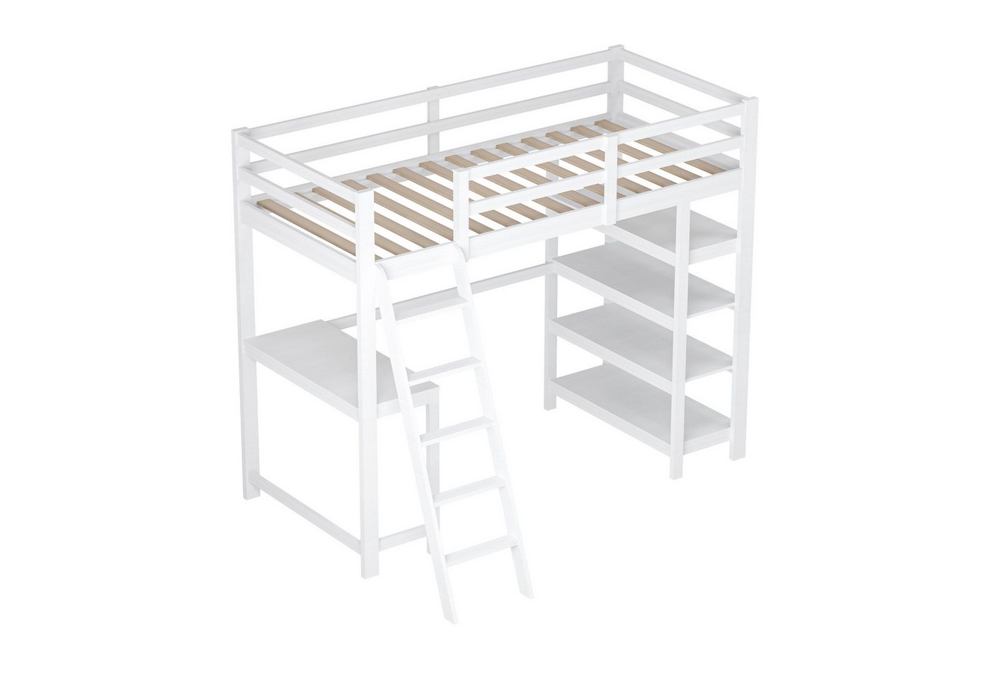 Furnishings Home Hochbett Weißes Holzbett mit Untertisch + Regalen + Treppe (Set) von Furnishings Home