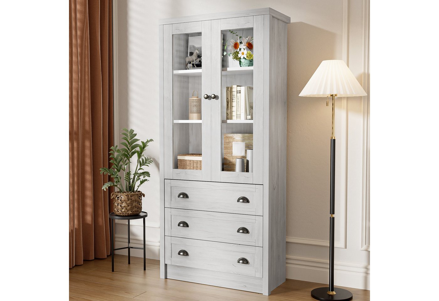 Furnishings Home Hochschrank Moderner Highboard Schrank – Holzoptik mit Glastüren 3 Schubladen (1-St) Stilvoller Stauraum für Wohnzimmer, Büro & Flur von Furnishings Home