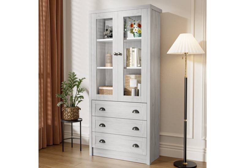 Furnishings Home Hochschrank Moderner Highboard Schrank – Holzoptik mit Glastüren 3 Schubladen (1-St) Stilvoller Stauraum für Wohnzimmer, Büro & Flur von Furnishings Home