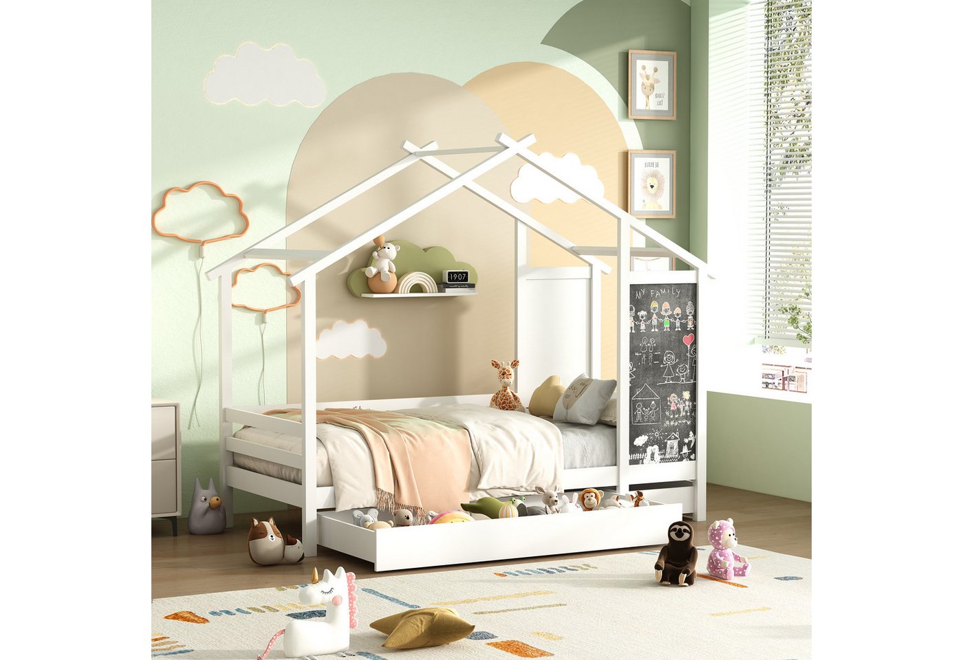 Furnishings Home Stauraumbett Holzbett Kinderbett Massivholzbett Stauraum, Hausbett, mit Lattenrost, 2 Schubladen, Zeichentafeln, 90x200cm von Furnishings Home