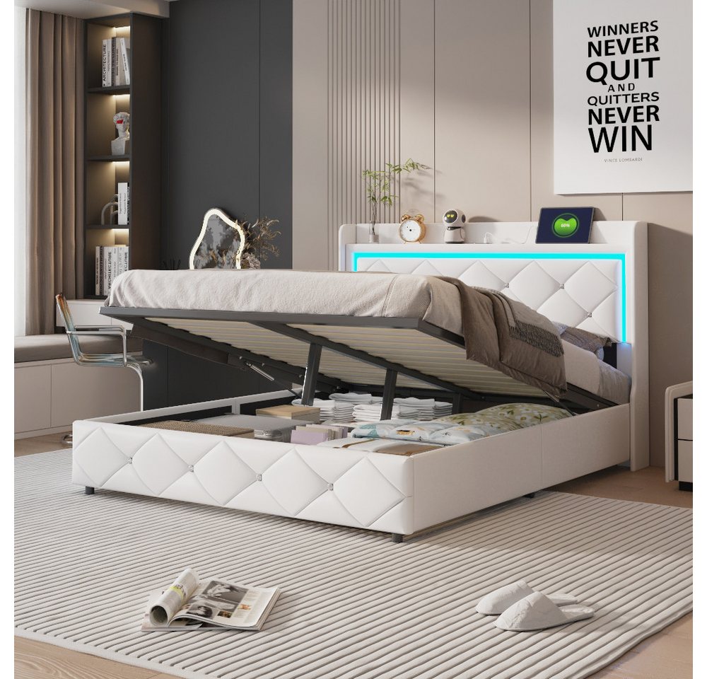 Gdood Polsterbett Stauraumbett Doppelbett LED (USB + TYPE-C, Hydraulisch anhebbarer Bettstauraum), Mit LED-Beleuchtung, Ladefunktion, PU, 160x200 cm von Gdood
