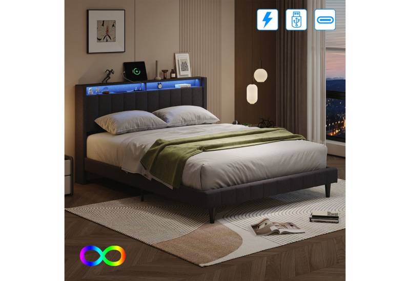 Gdood Polsterbett Stauraumbett Doppelbett, LED + Ladefunktion (6000-farbigen variablen LED, Zwei USB + Steckdosen), Mit LED-Beleuchtung, Federbelastetes Kopfteil, Leinen, 140x200 cm von Gdood
