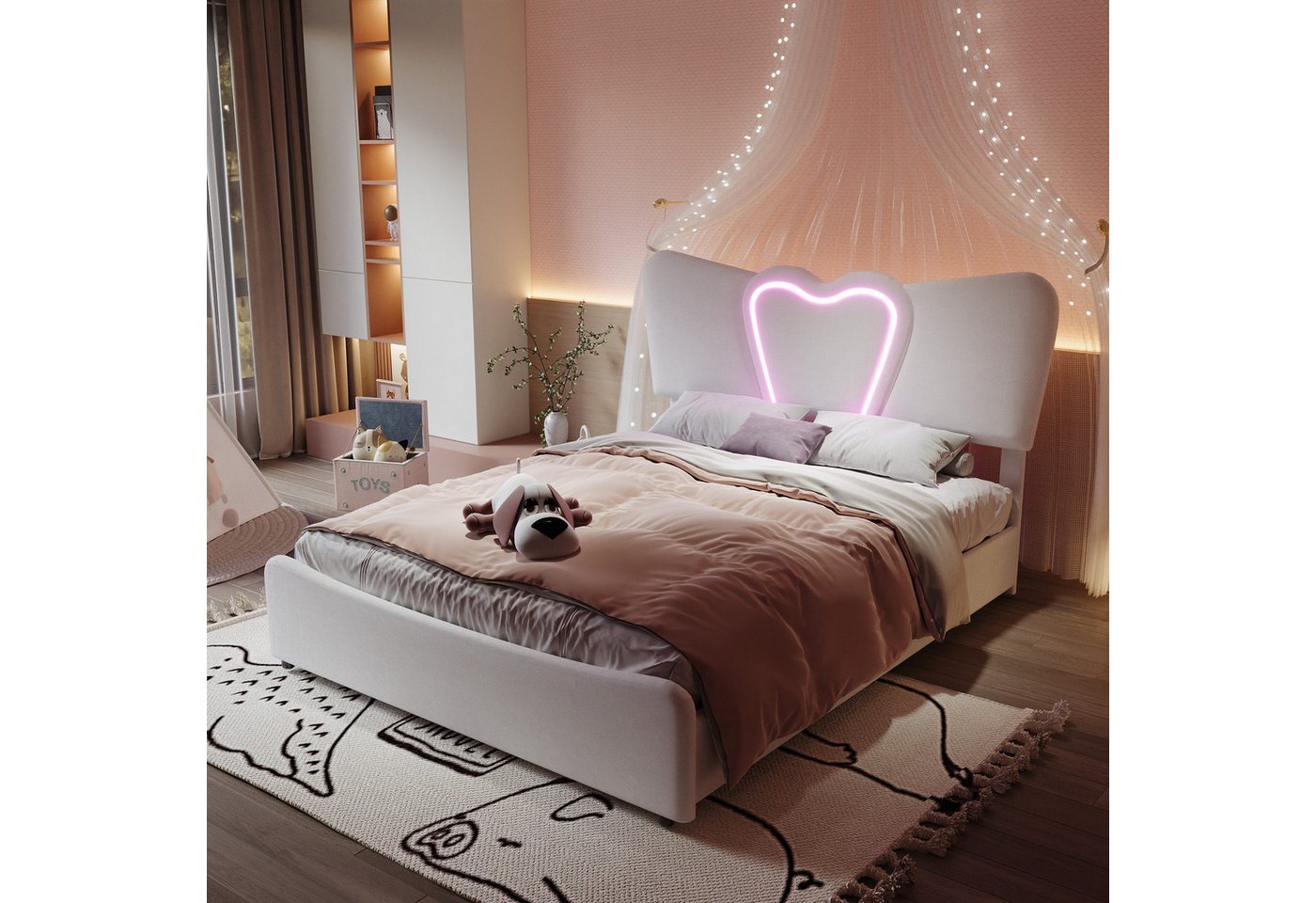 Furnishings Home Kinderbett Polsterbett Doppelbett LED Samtstoff (1-tlg., Hydraulisch hebbarem Stauraum), Jugendbett,Mit LED Beleuchtung,Herzförmiges Kopfteil, Samt, 140x200 cm von Furnishings Home