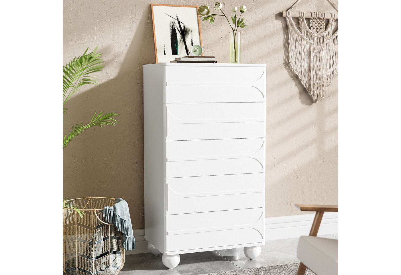 Furnishings Home Kommode Mit 5 Schubladen und elegantem Prägedesign – weiße Metallfüße (1 St), Abgerundete Ecken Dokumente oder Alltagsgegenstände 60 × 40 × 109 cm von Furnishings Home