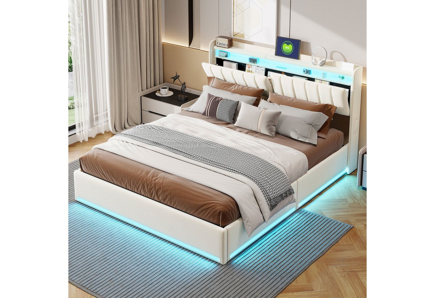 Furnishings Home Polsterbett 140 × 200 cm gepolstertes Doppelbett mit LED-Beleuchtung, (Hydraulisch hebbarer Stauraum) Beige Samt 1 USB-Anschluss von Furnishings Home
