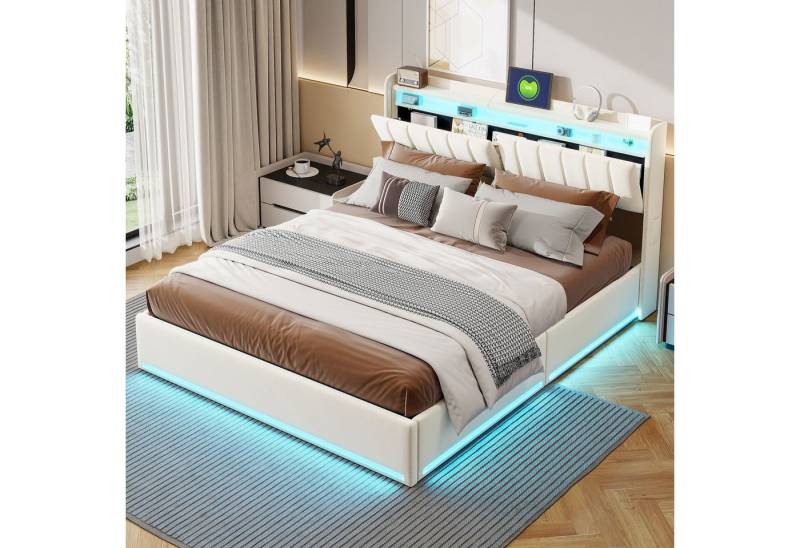 Furnishings Home Polsterbett 140 × 200 cm gepolstertes Doppelbett mit LED-Beleuchtung, (Hydraulisch hebbarer Stauraum) Beige Samt 1 USB-Anschluss von Furnishings Home
