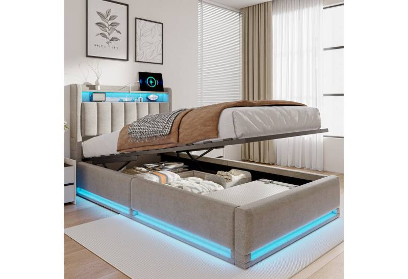 Furnishings Home Polsterbett 140 × 200 cm gepolstertes Doppelbett mit LED-Beleuchtung, (Hydraulisch hebbarer Stauraum) Beige Samt 1 USB-Anschluss von Furnishings Home