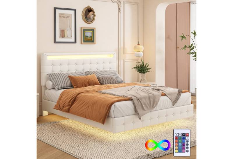 Furnishings Home Polsterbett 140x200 cm Flachbett mit LED-Umgebungslicht, PU-Material – Weiß & Rosa (1-tlg), Floating Design Stil 24-Tasten-Fernbedienung & Höhenverstellung von Furnishings Home
