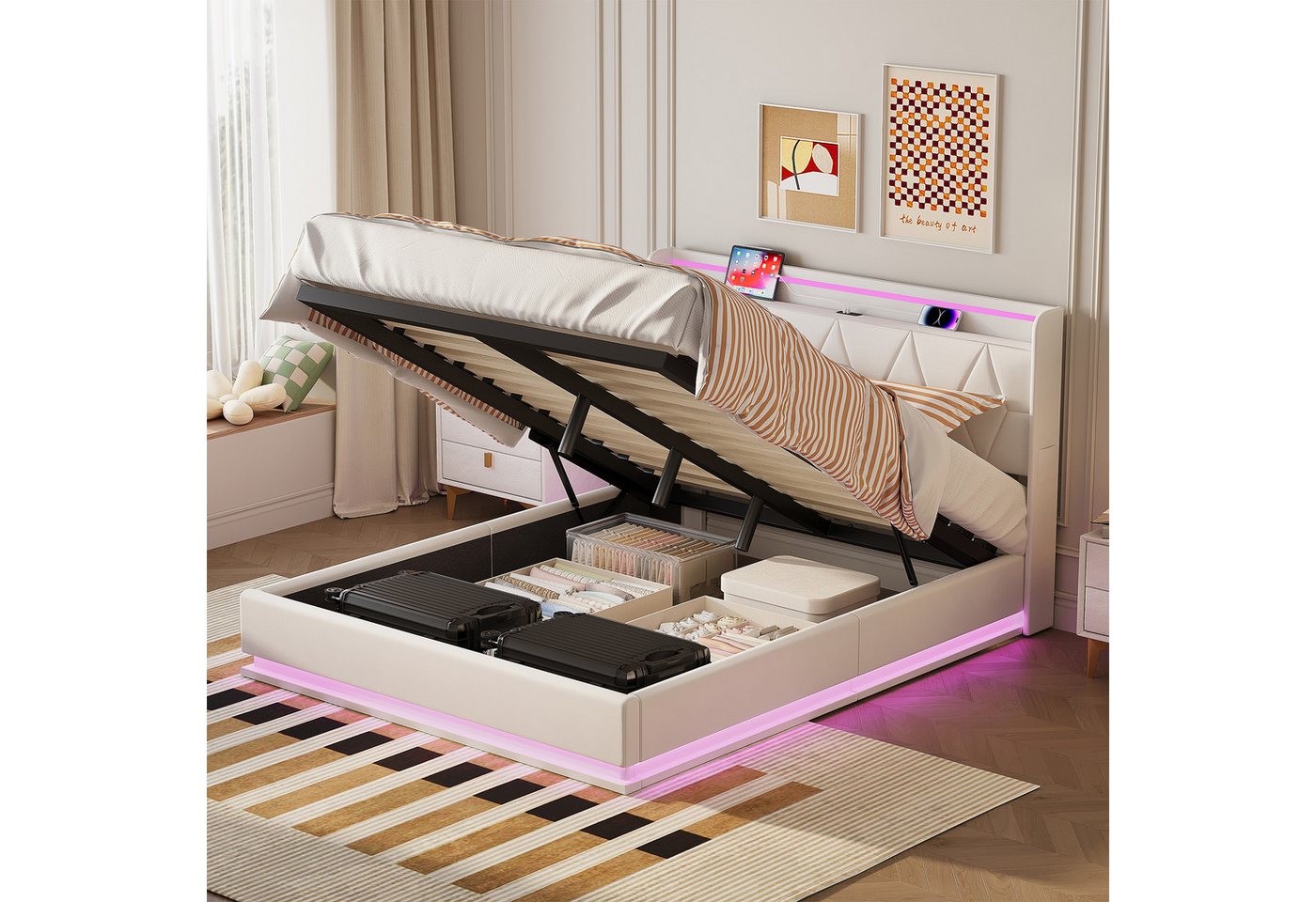Furnishings Home Polsterbett 140×200cm 160×200cmStauraumbett Doppelbett LED-Beleuchtung (1-tlg), Mit Hydraulisch hebbarem Stauraum Samt Lattenrost USB-Ladeanschluss von Furnishings Home