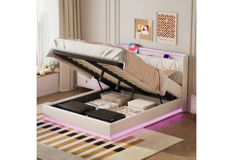 Furnishings Home Polsterbett 140×200cm 160×200cmStauraumbett Doppelbett LED-Beleuchtung (1-tlg), Mit Hydraulisch hebbarem Stauraum Samt Lattenrost USB-Ladeanschluss von Furnishings Home