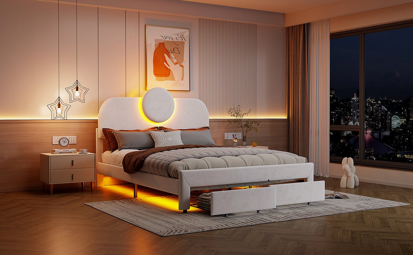 Furnishings Home Polsterbett Polsterbett LED Doppelbett, Stauraumbett und 2 Schubladen (Set, mit Lattenrost und, mit Komforthöhe, Leises Design Bett, 140x200 cm), Leinenmaterial Polsterbett mit RGB Beleuchtung von Furnishings Home