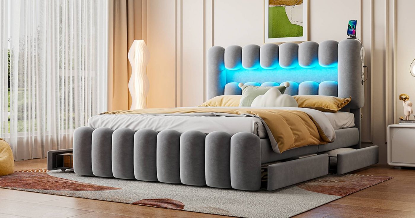 Furnishings Home Polsterbett Doppelbett + Lautsprecher + LED + USB + 4 Schubladen (Set, Bett) von Furnishings Home