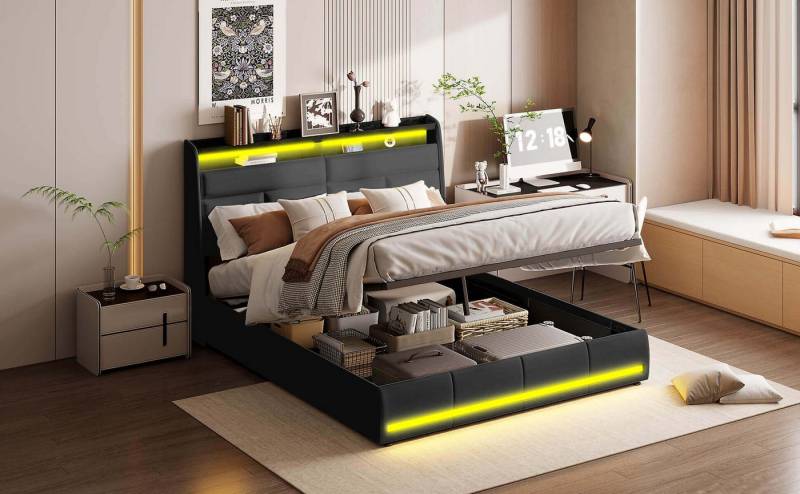 Furnishings Home Polsterbett Doppelbett + Stauraum + LED-Licht + USB-Anschluss (Set, Bett), Hausbett, mit Bettkasten, mit LED-Licht, mit USB-Anschluss von Furnishings Home