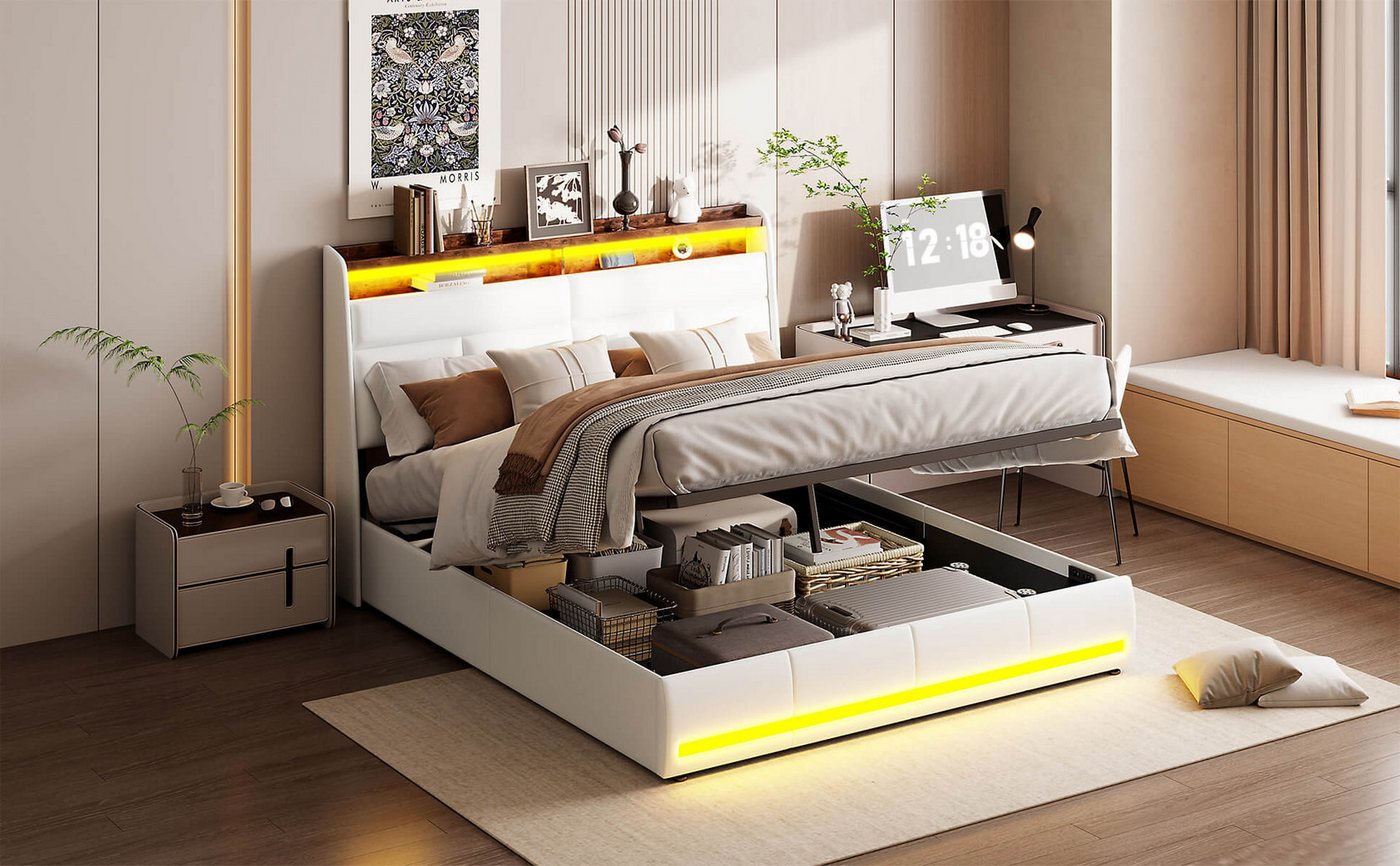 Furnishings Home Polsterbett Doppelbett + Stauraum + LED-Licht + USB-Anschluss (Set, Bett), Hausbett, mit Bettkasten, mit LED-Licht, mit USB-Anschluss von Furnishings Home