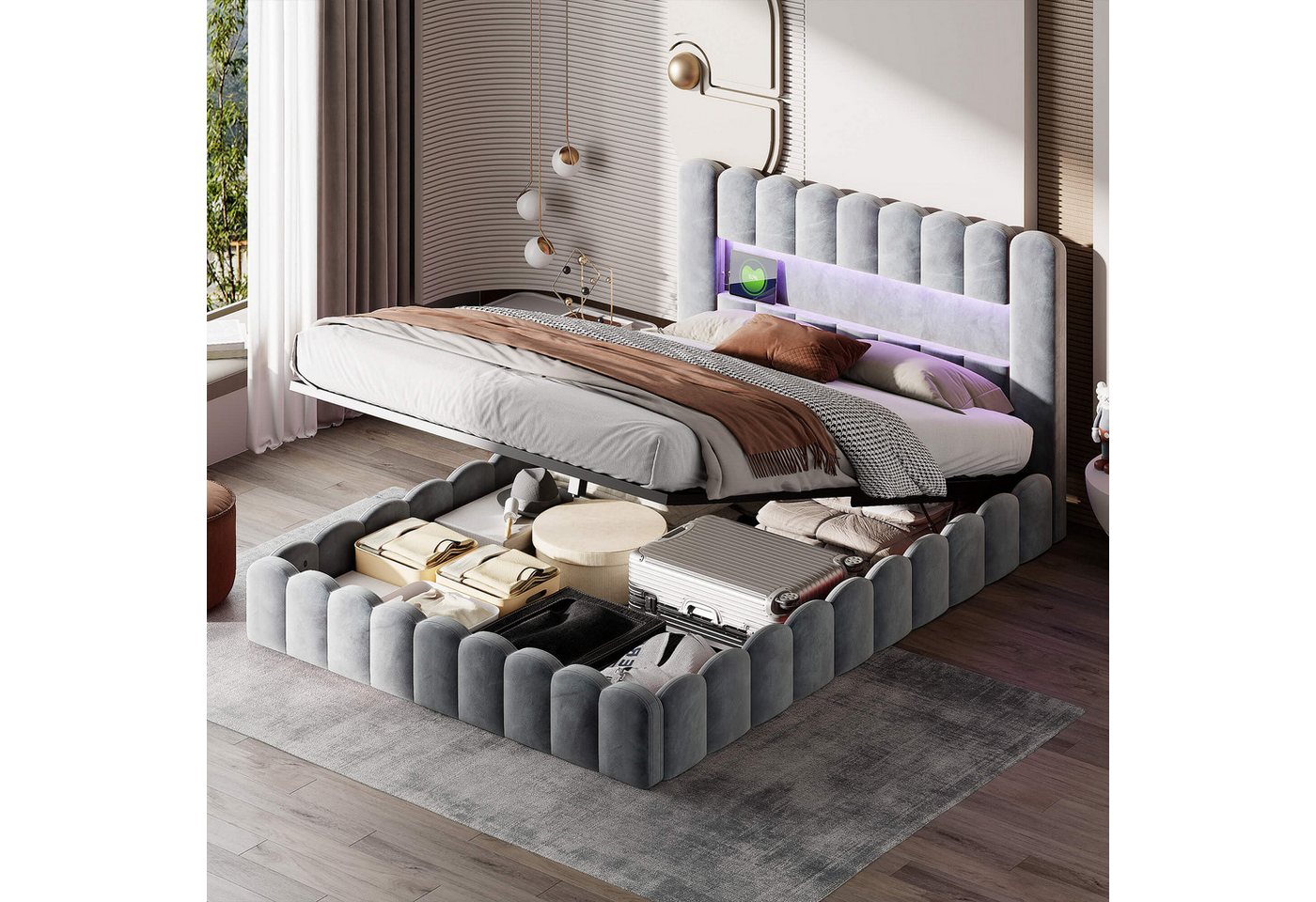 Furnishings Home Polsterbett Doppelbett 180x200cm (Bett), Hausbett, mit Bettkasten, mit LED-Licht, mit USB-Anschluss von Furnishings Home