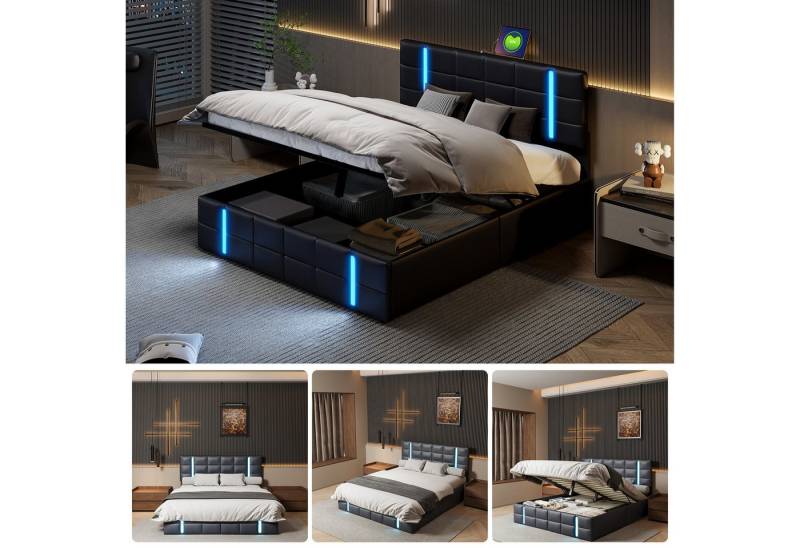 Gdood Polsterbett Doppelbett LED Stauraumbett (Hydraulisch anhebbarer Bettstauraum), Mit LED-Beleuchtung, USB & TYPE-C Anschlüsse, Kunstleder, 160x200 cm von Gdood